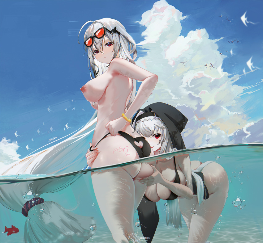 2girls absurd_res arknights ass ass_grab big_breasts breasts eyewear_on_head female_face_near_ass glasses_on_head head_on_ass highres large_filesize licking_ass looking_at_viewer multiple_girls omone_hokoma_agm shiny_clothes skadi_(arknights) specter_(arknights) sunglasses_on_head wet_skin white_hair