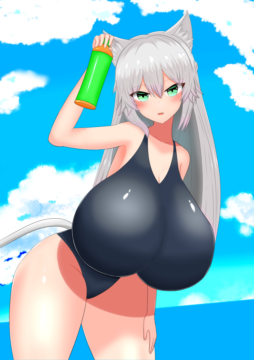 1girls atalanta_(alter)_(fate) atalanta_(fate) atalanta_alter big_breasts blue_background blue_sky cat_ears cat_tail catgirl clouds detailed_background fate/apocrypha fate/grand_order fate_(series) female glistening_skin green_eyes holding_object huge_breasts hyper_breasts long_hair looking_at_viewer ocean open_mouth pov sea seaside smiling smiling_at_viewer swimsuit thick_thighs white_hair