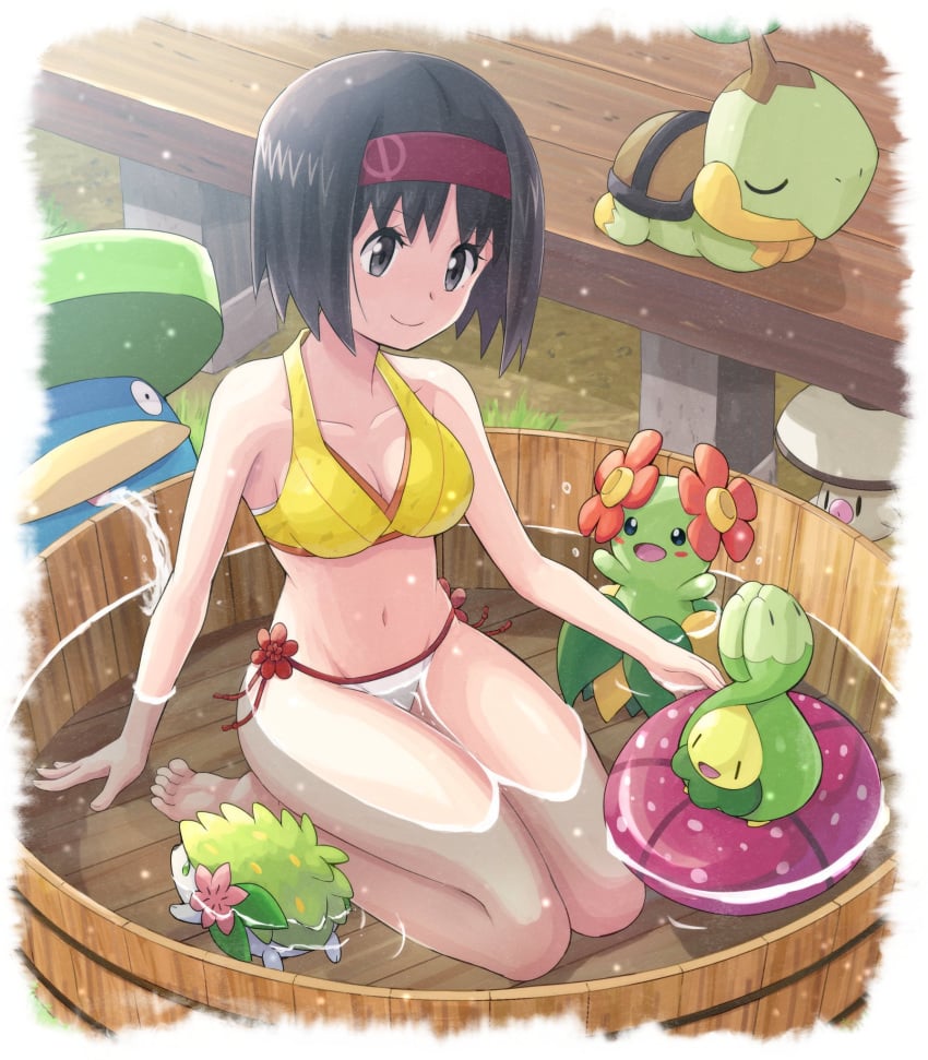 bellossom belly bikini black_eyes black_hair budew cute erika_(pokemon) female female_focus flower foongus hairband hi_res highres in_water kneeling lotad nintendo on_knees pokemoa pokemon pokemon_(species) pokemon_rgby shaymin short_hair small_breasts smile turtwig