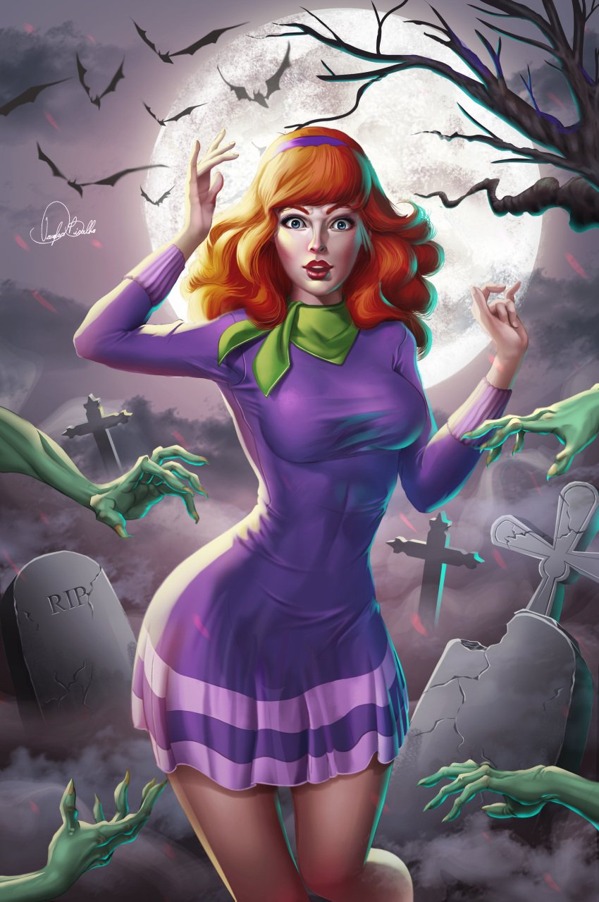 clothing daphne_blake douglas_bicalho dress female graveyard hanna-barbera purple_dress scooby-doo signature text zombie