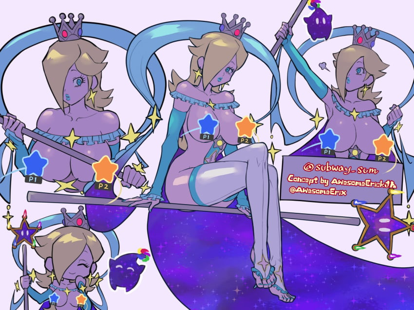 1girls big_breasts blonde_hair blue_eyes blue_lipstick blue_nail_polish blue_nails breasts censored crown earrings female fingernails functionally_nude goddess_rosalina_(awesomeerix) legs_crossed long_legs luma mario_(series) nail_polish nintendo nude nude_female platinum_blonde_hair princess_rosalina solo staff star_censor star_earrings stars stirrup_legwear stirrups subway_sum super_mario_galaxy thighhighs toenail_polish toenails