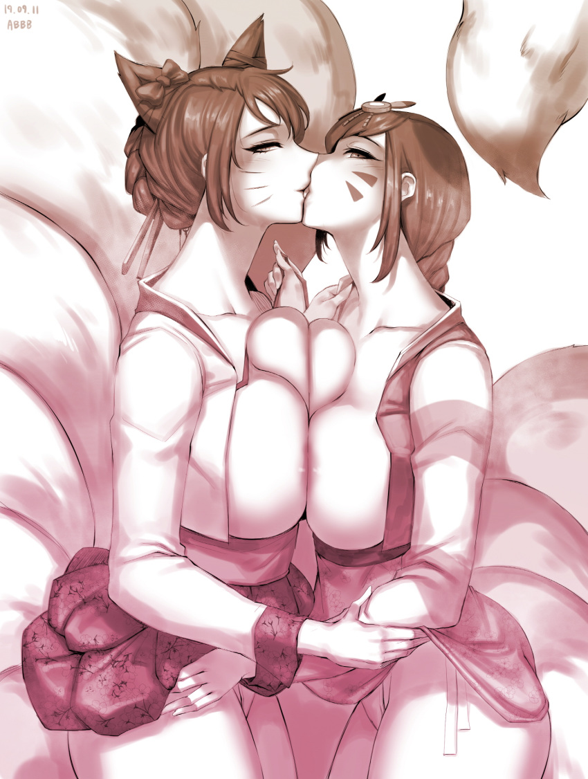 2girls abbb ahri animal_ears areolae braid breast_press breast_squish breasts crossover d.va dynasty_ahri fox_ears fox_tail hair_ornament hair_stick kissing korean_clothes large_breasts league_of_legends long_hair looking_at_viewer multiple_girls multiple_tails overwatch palanquin_d.va sideways_glance skirt_lift symmetrical_docking tail tongue whisker_markings yuri