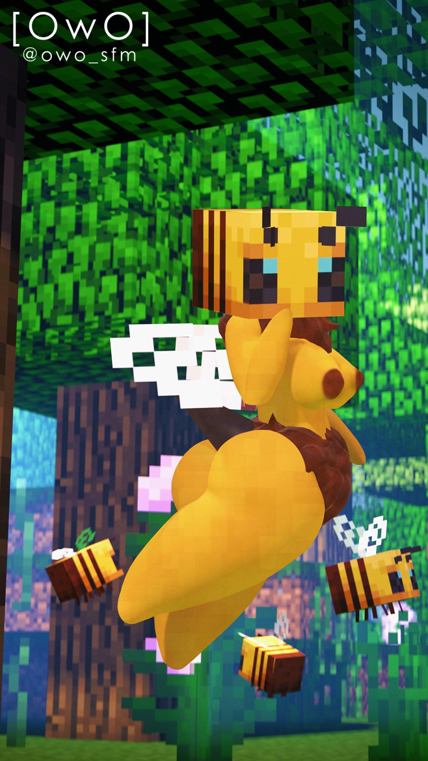 3d antennae anthro ass bee bee_(minecraft) blue_eyes breasts brown_nipples flying minecraft neck_tuft outside owo_sfm source_filmmaker stinger thick_thighs watermark wide_hips wings yellow_skin