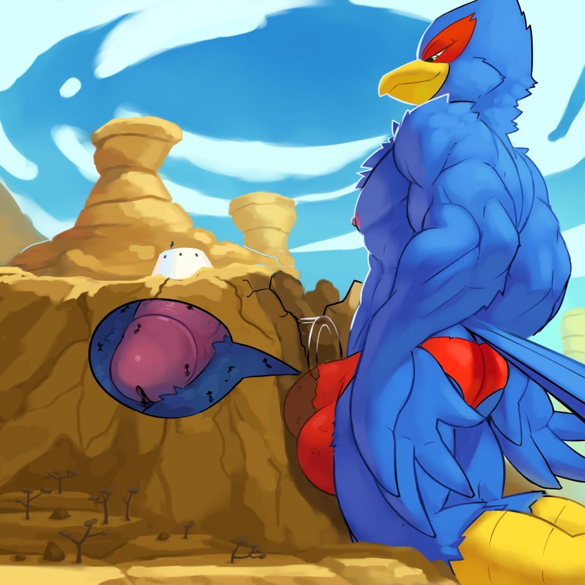 1:1 2020 absurd_res anthro avian bird blue_body blue_feathers bulge clothing factory falco_lombardi feathers genitals hi_res internal macro male_only micro mountain nintendo ozoneserpent penis solo speedo star_fox swimwear togepi1125 tunnel underwear video_games worship