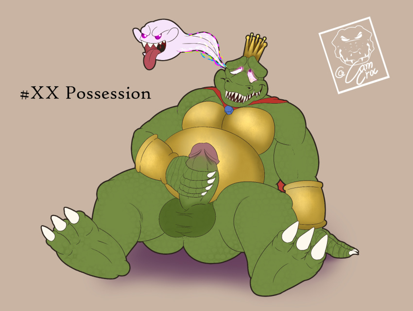 anthro armor belly boo_(mario) camsan_r_s crocodile crocodilian crocodylid crown donkey_kong_(series) glowing glowing_eyes hi_res k_rool king_boo luigi's_mansion male male/male male_only mario_(series) masturbation nintendo overweight possession reptile scales scalie slightly_chubby smile solo video_games