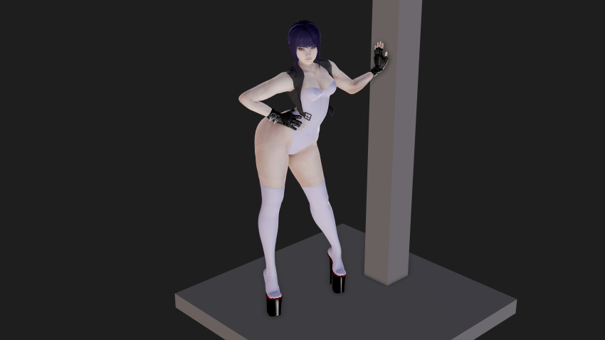 1girls 3d big_ass camisole female female_only ghost_in_the_shell ghost_in_the_shell_stand_alone_complex high_heels honey_select ihateasuka kneehighs kusanagi_motoko leather_gloves leotard platform_footwear platform_heels posing purple_hair red_eyes robot robot_girl simple_background socks solo thick_thighs