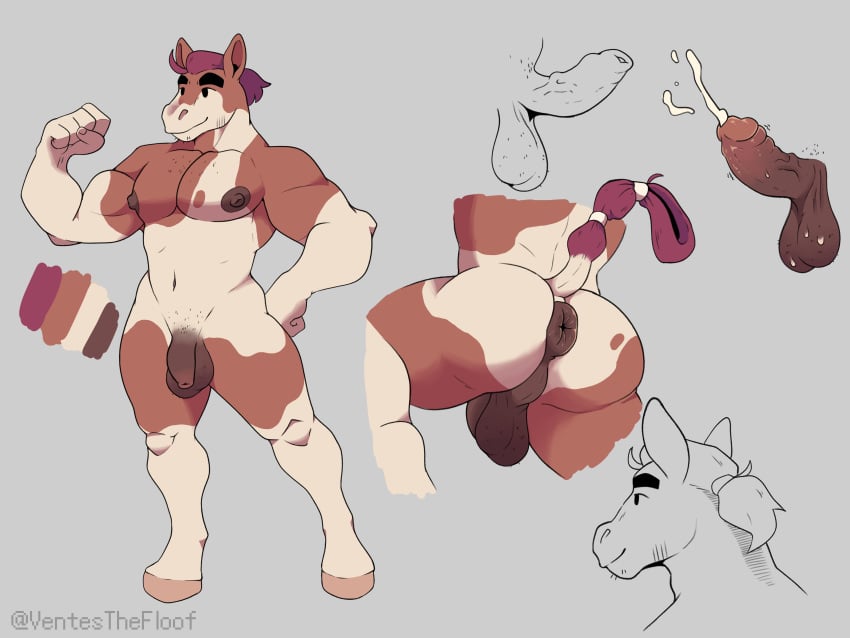 4:3 absurd_res anthro ass balls big_nipples big_pecs bodily_fluids body_hair chest_hair concept_art cum donut_anus equid equine foreskin genital_fluids genitals hair hairy_balls hi_res hooves horse humanoid_genitalia humanoid_penis male male_only mammal model_sheet monte_the_horse muscular muscular_male nipples pecs penis ponytail pubes solo ventesthefloof