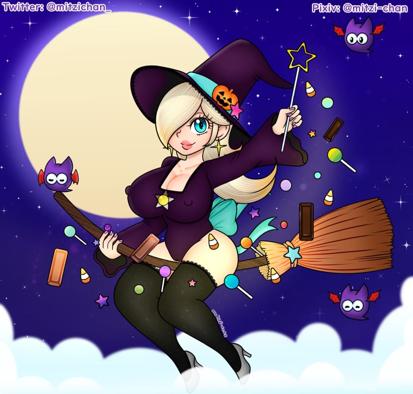 ass background bats big_breasts big_lips black_stockings blonde_hair bow brooch broom candy candy_corn chocolate_bar cleavage clouds earrings erect_nipples erect_nipples_under_clothes female female_only halloween halloween_costume halloween_rosalina hand_up high_heels lace_stockings leotard lipstick lollipop long_eyelashes long_hair long_sleeves looking_at_viewer mario_(series) mario_kart mario_kart_tour mitzi-chan mitzi-chan_(artist) moon nail_polish night_sky nintendo nipples pale_skin princess_rosalina pumpkin starry_background starry_sky stars teal_eyes thick thick_thighs thigh_highs thighhighs wand witch witch_hat