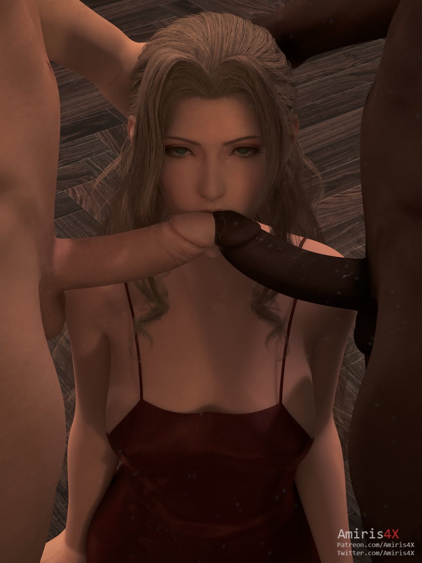 1girls 2boys 3d 3d_(artwork) aerith_gainsborough amiris4 breasts cleavage dark-skinned_male dark_skin double_barrel_blowjob double_fellatio erection fellatio female final_fantasy final_fantasy_vii interracial male oral penis straight