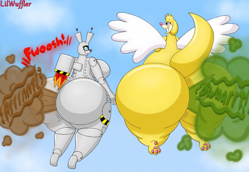 2girls anthro ass duo fart fart_fetish female flying jet_pack kangaroo lilwuffler_(artist) machine macropod mammal marsupial muffin_the_kangaroo_(character) multiple_girls nude robot sky wings