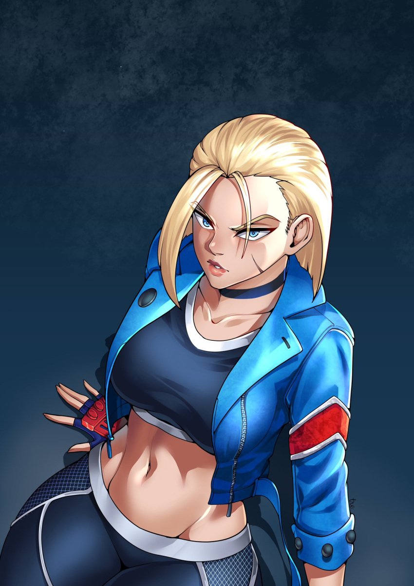 1girls blonde_female blonde_hair blue_eyes breasts cammy_white choker female female_only fully_clothed jacket large_breasts looking_at_viewer midriff scar solo solo_female street_fighter street_fighter_6 thotlerrr toned toned_body toned_female toned_stomach treartz yellow_hair