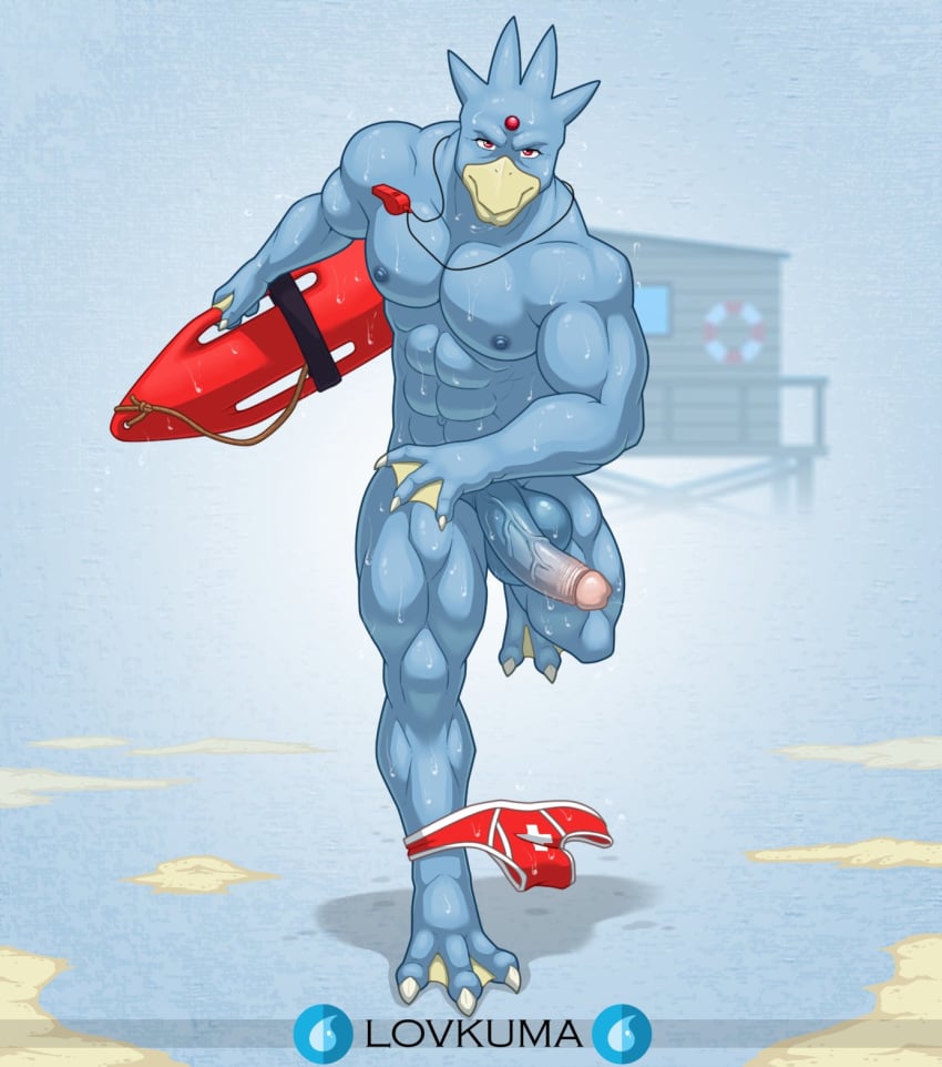 3_toes abs anthro anthrofied balls beak blue_balls blue_body blue_nipples claws clothing forehead_gem genitals golduck hi_res holding_object humanoid_genitalia humanoid_penis lifeguard_tower lovkuma male membrane_(anatomy) muscular muscular_anthro muscular_male nintendo nipples pecs penis pokémon_(species) pokémorph pokemon red_clothing red_eyes red_underwear rescue_buoy running sand solo toe_claws toes underwear underwear_around_one_leg vein veiny_penis video_games webbed_feet webbed_hands wet whistle_(object)