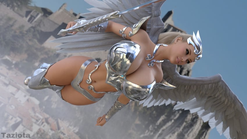 3d angel angel_wings big_breasts bikini_armor bimbo blonde_hair breasts cleavage highres hourglass_figure large_breasts navel silver slushe_(website) stockings sword taziota wings