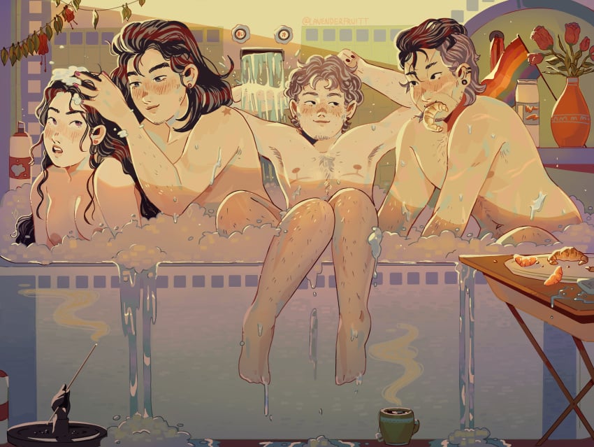 aged_up art bathing bathtub cuntboy diamond_is_unbreakable intersex jojo's_bizarre_adventure josuke_higashikata koichi_hirose lavenderfruitt okuyasu_nijimura polyamory wholesome yolk_gang yukako_yamagishi