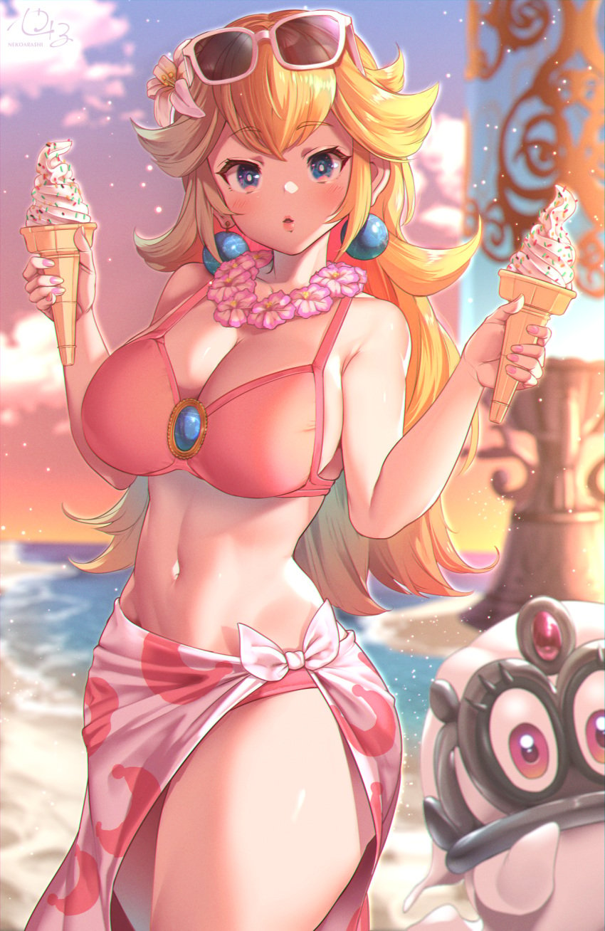 1girls artist_name bare_arms bare_midriff bare_shoulders beach belly_button big_breasts bikini blonde_hair blue_eyes blush blushing breasts child_bearing_hips cleavage curvaceous curvy curvy_female curvy_figure earrings eyebrows_visible_through_hair female female_only flower_in_hair flower_necklace highres huge_breasts human human_only ice_cream large_breasts lei light-skinned_female light_skin long_hair looking_at_viewer mario_(series) mature mature_female nintendo pink_bikini pink_nails pink_swimsuit princess princess_peach princess_peach_(swimwear) royalty sarong solo solo_female sprinkles sunglasses sunglasses_on_head super_mario_odyssey surprised surprised_expression swimsuit thick thick_thighs thighs thin_waist tiara_(mario) wide_hips yana_(nekoarashi)