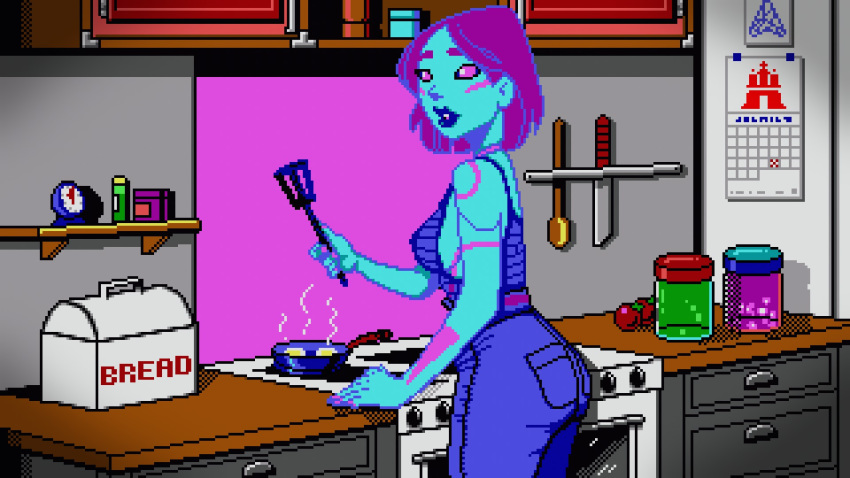 1girls android artificial_intelligence blue_skin clothing cooking leisure_suit_larry looking_at_viewer mom_jeans official_art pi pink_eyes pixel pixel_art pixelated purple_hair robot short_hair sideboob solo solo_female solo_focus wet_dreams_dont_dry_twice