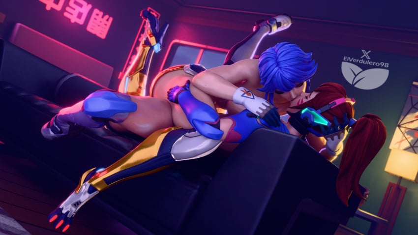 3d bunnii_o'hare_(fortnite) d.va d.va_(fortnite) d.va_(overwatch_2_suit) elverdulero98 female_kissing female_kissing_female fortnite kissing_while_tribbing overwatch tribadism tribbing yuri