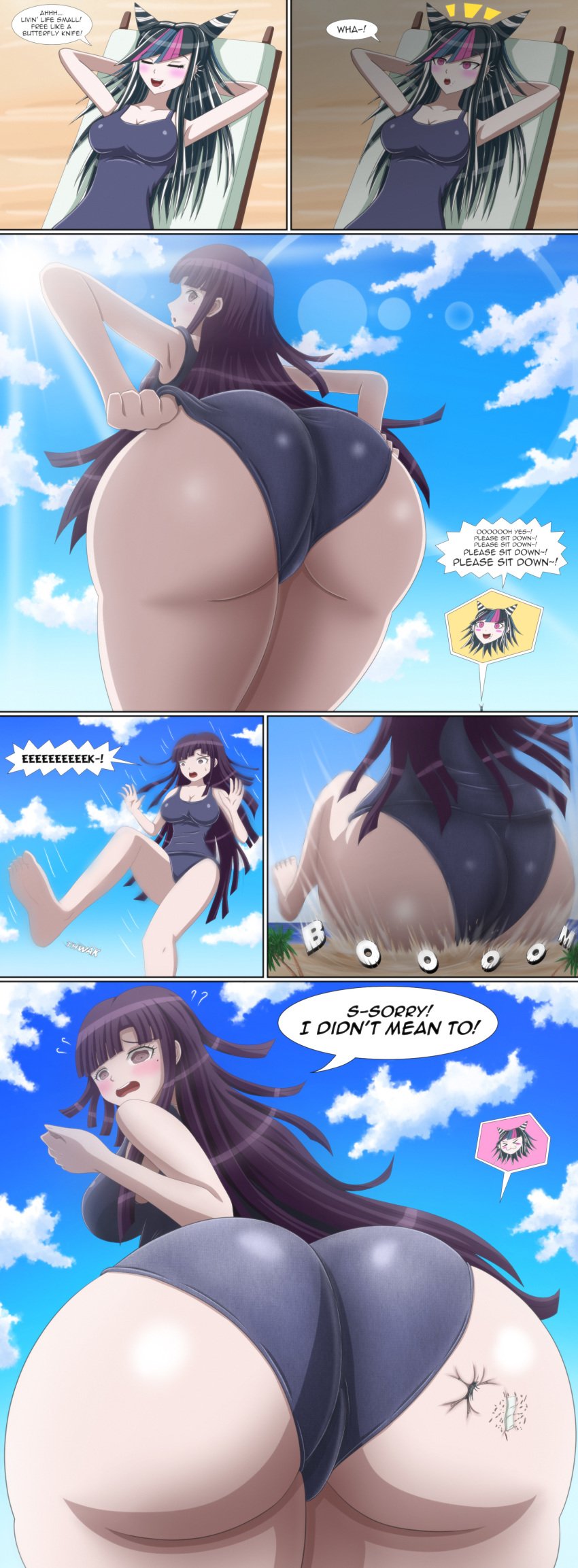 accidental_buttcrush beach butt_crush buttcrush_aftermath comic danganronpa danganronpa_2:_goodbye_despair english_text giantess macro mioda_ibuki school_swimsuit size_difference smooth_skin stuck_to_ass stuck_to_butt text thedaibijin tsumiki_mikan