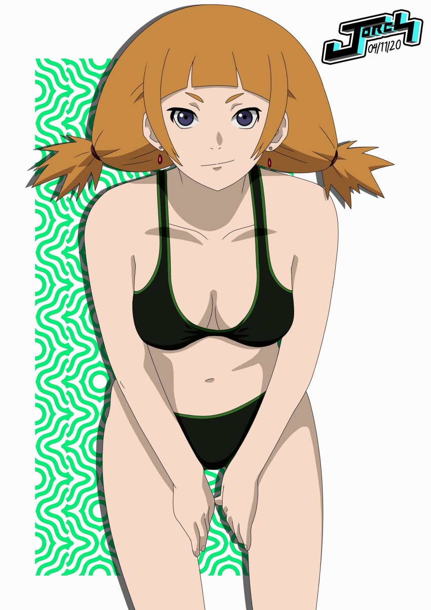 1girls bare_shoulders bent_over bikini boruto:_naruto_next_generations breasts cleavage collarbone earrings female female_only jewelry jorch_jacg kazamatsuri_moegi long_hair looking_at_viewer naruto orange_hair purple_eyes smile solo standing swimsuit tied_hair twintails