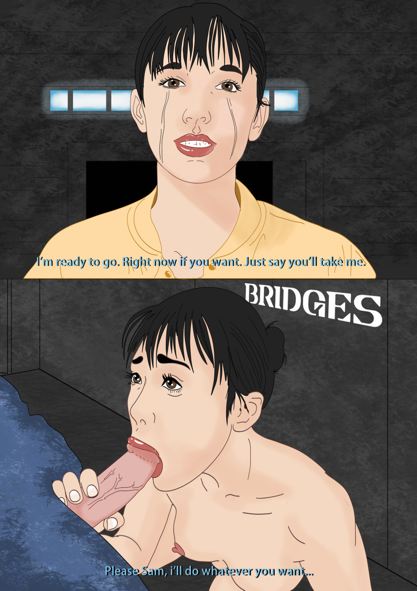 bangs big_penis black_hair blowjob clothed_male_nude_female cmnf death_stranding dialogue digital_painting_(artwork) fellatio nude_female sam_porter_bridges short_hair text theparodistita