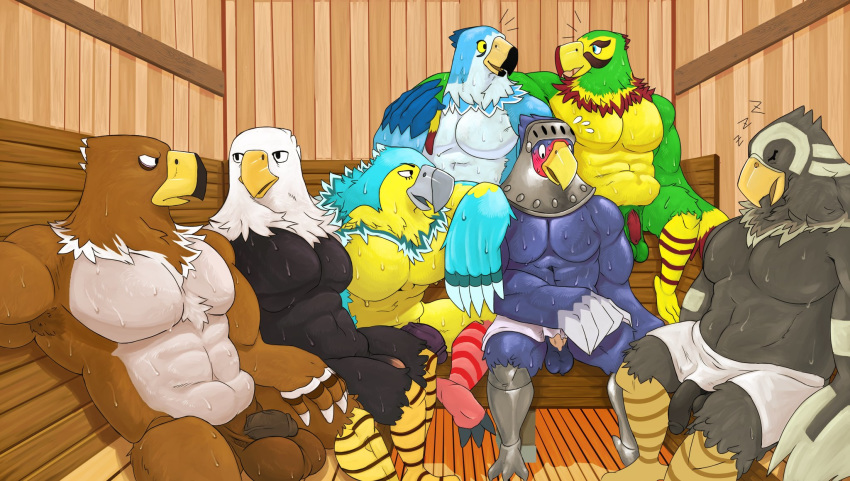 6+boys 7boys abs accipitrid accipitriform animal_crossing anthro apollo_(animal_crossing) arm_around_partner armpit_hair avery_(animal_crossing) avian ball_size_difference balls bara big_balls big_muscles big_pecs bird body_hair buzz_(animal_crossing) casual_nudity eagle erection flaccid frank_(animal_crossing) gay genitals group hi_res keaton_(animal_crossing) male male/male male_only midnightsultry multiple_boys muscular muscular_male nintendo nude pecs penis penis_size_difference pierce_(animal_crossing) sauna sleeping slightly_chubby sterling_(animal_crossing) towel unwanted_erection video_games