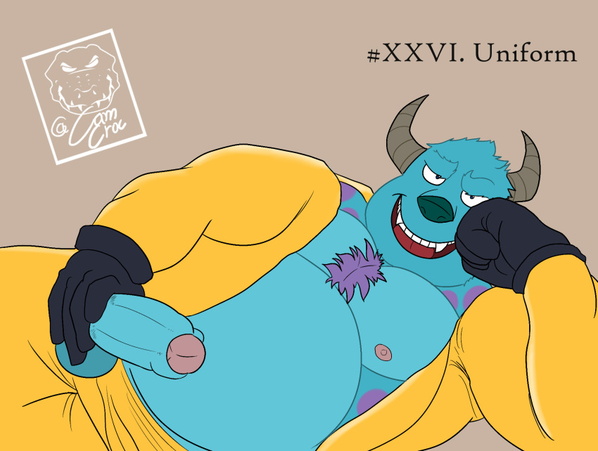 anthro camsan_r_s clothing disney genitals gloves handwear hi_res kinktober_2020 looking_at_viewer male male_only monster monsters_inc overweight overweight_anthro overweight_male penis penis_grab pixar pubes slightly_chubby solo sulley uniform