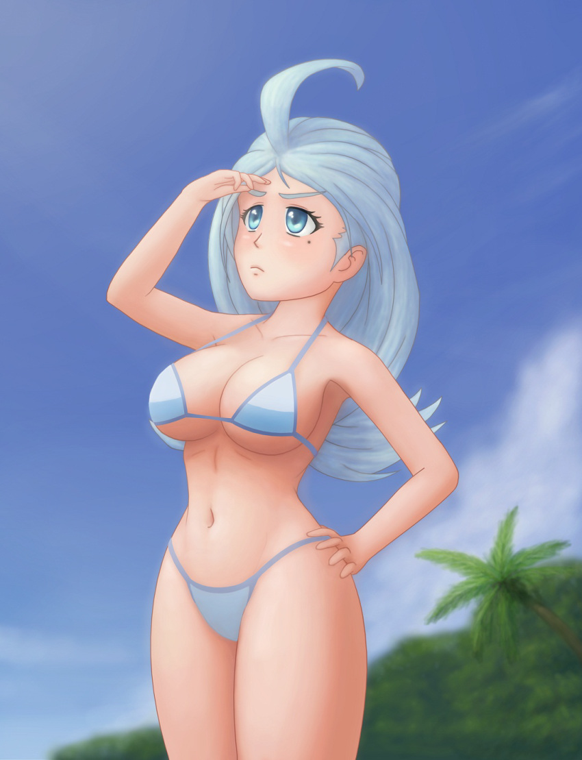 1girls beauty_mark bikini blue_eyes blue_hair blue_sky breasts busty cleavage creatures_(company) day daytime elite_four female game_freak hand_on_thigh jungle kahili_(pokemon) light_blue_bikini light_blue_hair looking_up nintendo pale-skinned_female palm_tree pokemon pokemon_sm saf-404 saf_404 safartwoks safartworks short_hair standing sunlight swimsuit wide_hips