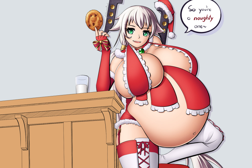 belly_button belly_markings big_belly christmas_hat christmas_outfit cleavage cookie english_text female glass green_eyes hair_ornament high_heels huge_belly huge_breasts isel long_hair looking_at_viewer milf milk oc pregnant ready_to_pop sideboob skimpy_clothes stockings tagme thick_thighs voluptuous white_hair