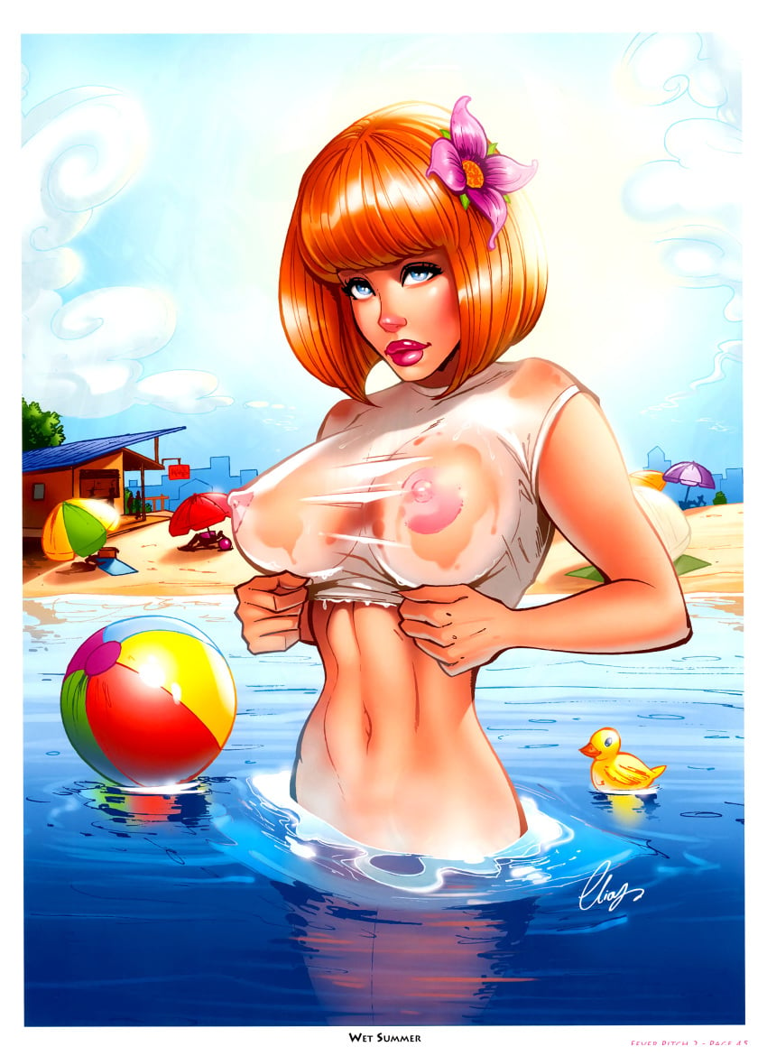 2013 areolae beach beach_ball blue_eyes colored curvaceous detailed_background elias_chatzoudis erect_nipples erect_nipples_under_clothes flower_in_hair huge_breasts lips navel nipples outside red_hair rubber_duck tagme toned toned_female transparent_clothing umbrella wet_clothes wet_shirt