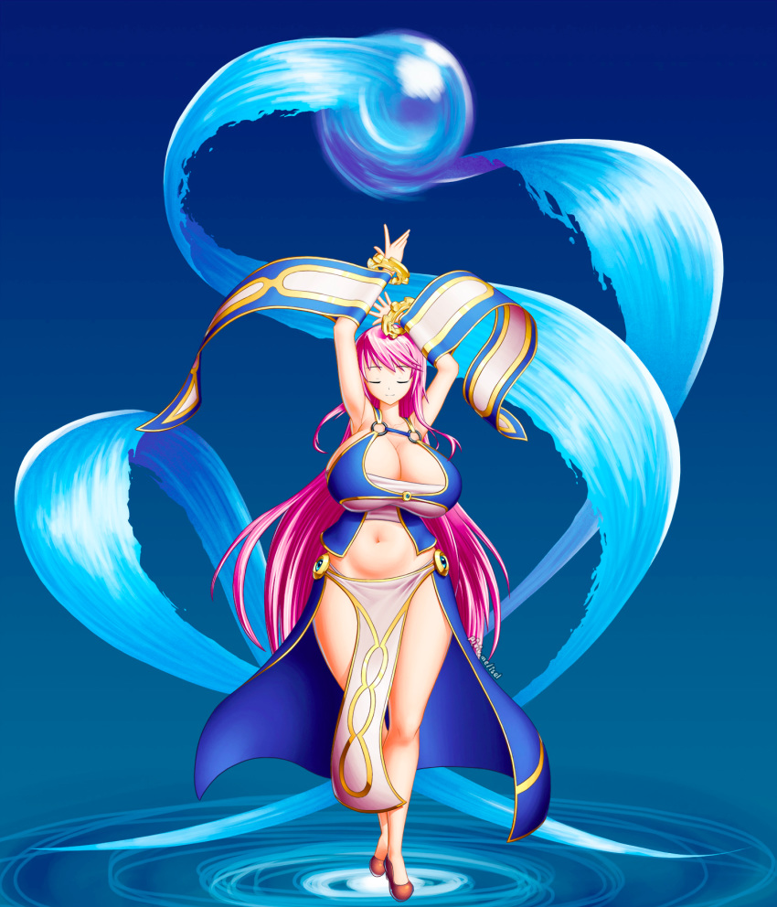 cleavage cleavage_cutout closed_eyes female huge_breasts isel long_hair midriff oc pink_hair raised_arms sideboob thick thick_thighs water wide_hips