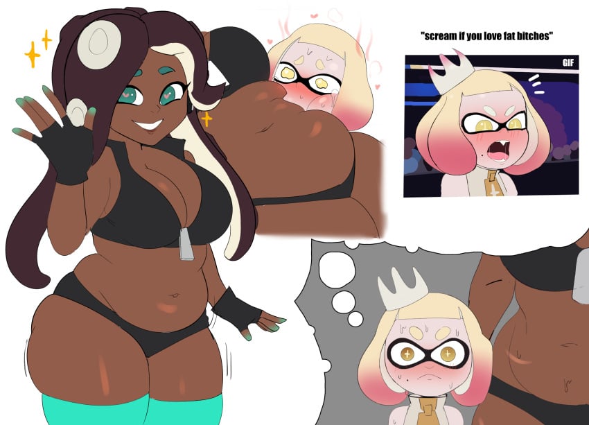 2girls belly black_hair blush blushing_female breasts chocolate_girl chubby chubby_belly chubby_female dark-skinned_female dark_skin ebony ebony_female fantasizing female female_only g3mma interracial kissing_belly lesbian light-skinned_female light_skin marina_(splatoon) nintendo pearl_(splatoon) splatoon_(series) splatoon_2 sweat thighs white_hair yuri