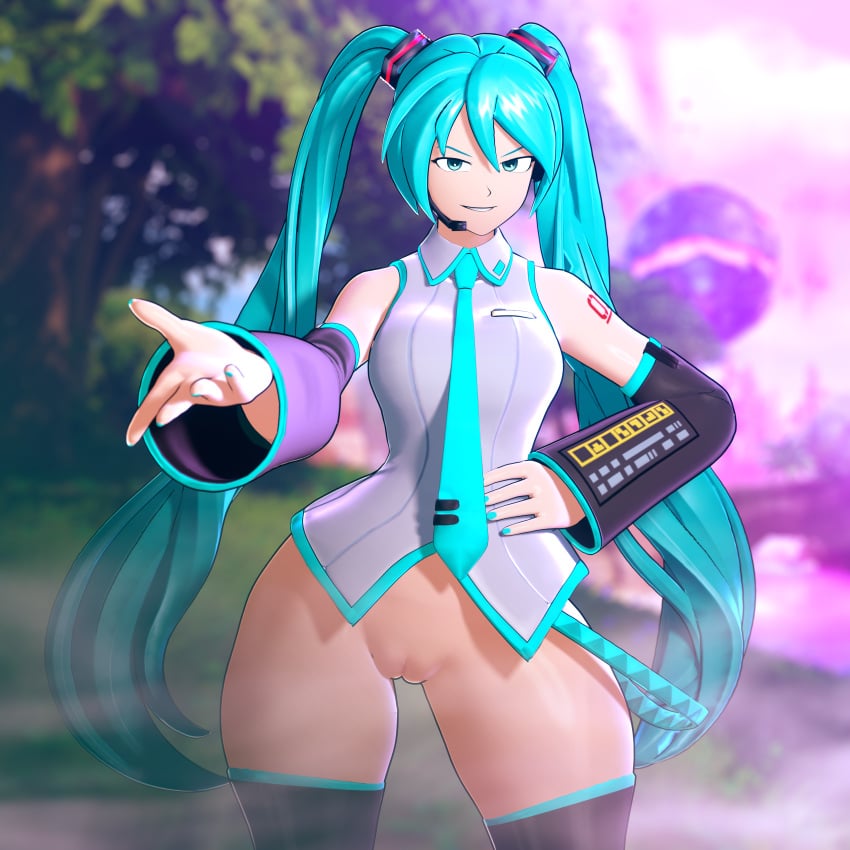 1girls 3d 3d_(artwork) blue_hair bottomless bottomless_female cleft_of_venus female female_only fortnite hatsune_miku idol light-skinned_female light_skin luminaryofages no_panties pussy smirk smirking smirking_at_viewer solo solo_female thick_thighs vagina vocaloid vulva