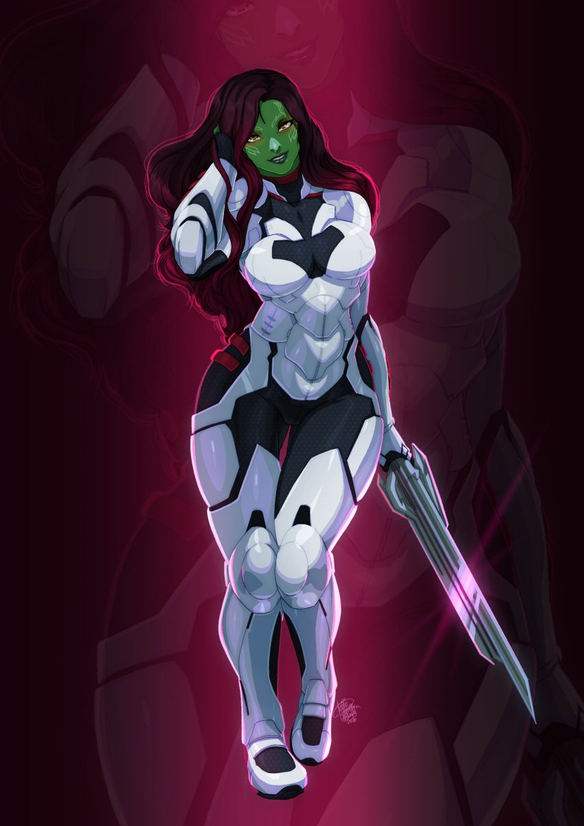 2d alien alien_girl alien_look_like_human armor breasts female female_focus female_only full_body fully_clothed gamora green-skinned_female green_skin guardians_of_the_galaxy holding_weapon looking_at_viewer marvel marvel_comics posing shiny_armor shiny_clothing sword tagme thick thick_thighs thighs tight_clothing tovio_rogers weapon