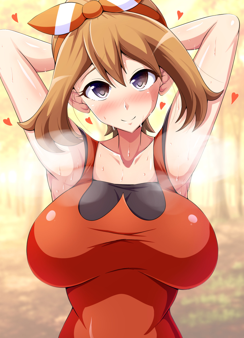 1girls aokura_shou armpits big_breasts blush brown_hair eye_contact fully_clothed hearts huge_breasts large_breasts looking_at_viewer may_(pokemon) may_(pokemon_oras) medium_hair nintendo pokemon pokemon_oras purple_eyes sweat