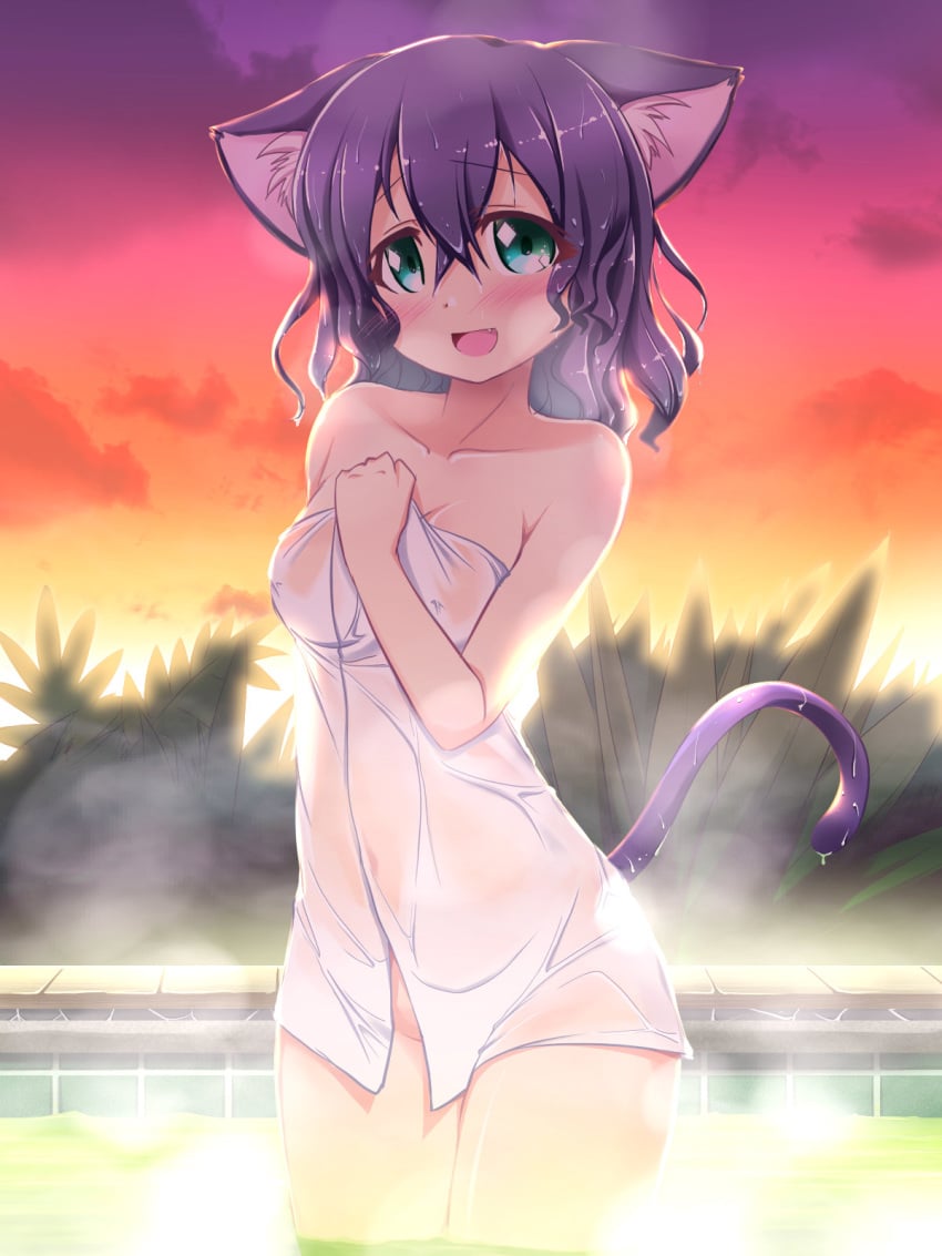 bath cat_ears cat_tail catgirl cute cyan_(show_by_rock!!) cyan_hijirikawa see-through show_by_rock!! sunset wet_towel