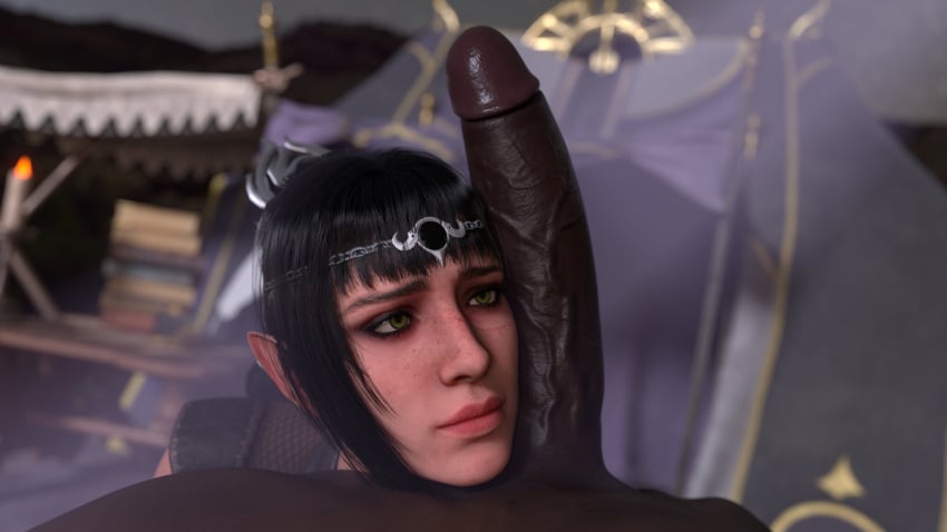 1boy 1girls 3d 3d_render baldur's_gate baldur's_gate_3 big_penis black_hair braided_hair circlet dark-skinned_male derpderp elf_female green_eyes huge_cock interracial naked nude outdoors penis_bigger_than_head pointy_ears scar shadowheart