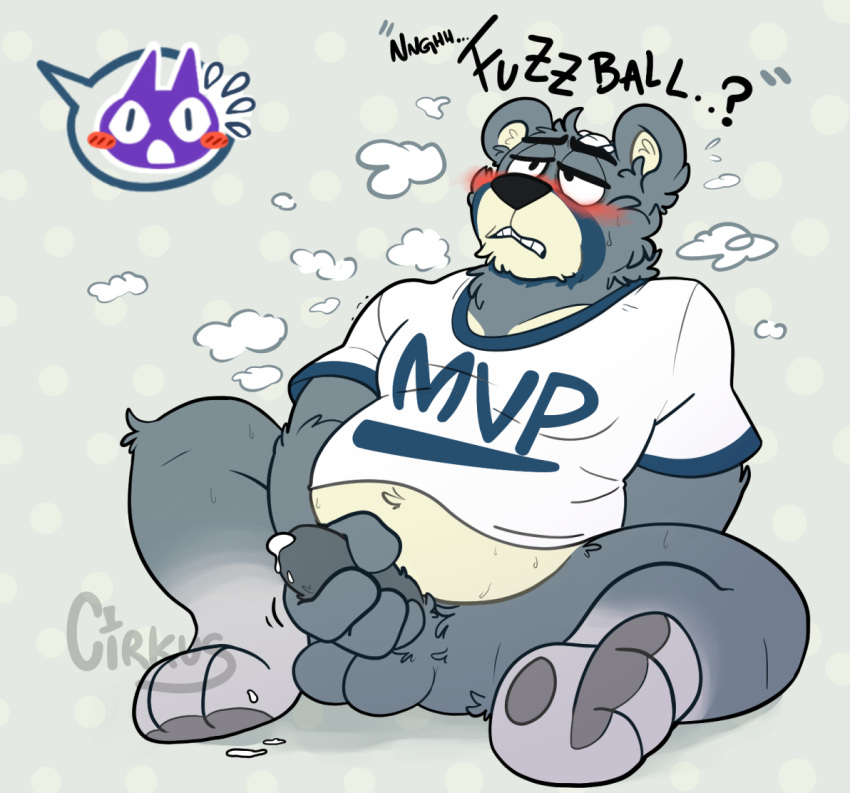 1boy 2020 animal_crossing anthro balls belly blush cirkus clothing curt_(animal_crossing) english_text genitals male male_only mammal masturbation nintendo penis shirt sitting slightly_chubby solo text topwear ursid video_games