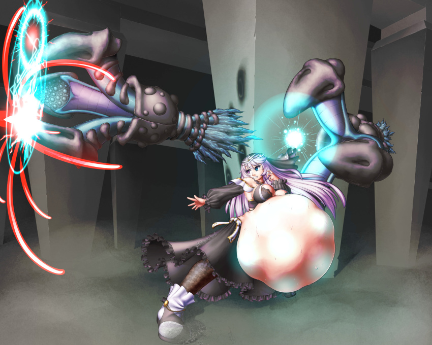 1girls belly_bulge big_breasts blue_eyes cleavage dress female fetal_movement fighting_stance heterochromia implied_unbirth isel long_hair oc pregnant purple_eyes purple_hair robot_arms sideboob sweat teeth thick_thighs unbirthing unknown_character voluptuous