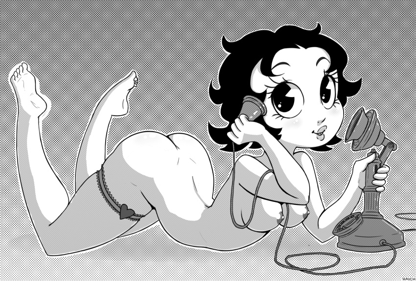 1girls ass barefoot betty_boop betty_boop_(series) black_and_white breasts candlestick casual classic cute feet female female_only flapper haich human legwear nipples nude pac-man_eyes phone solo telephone