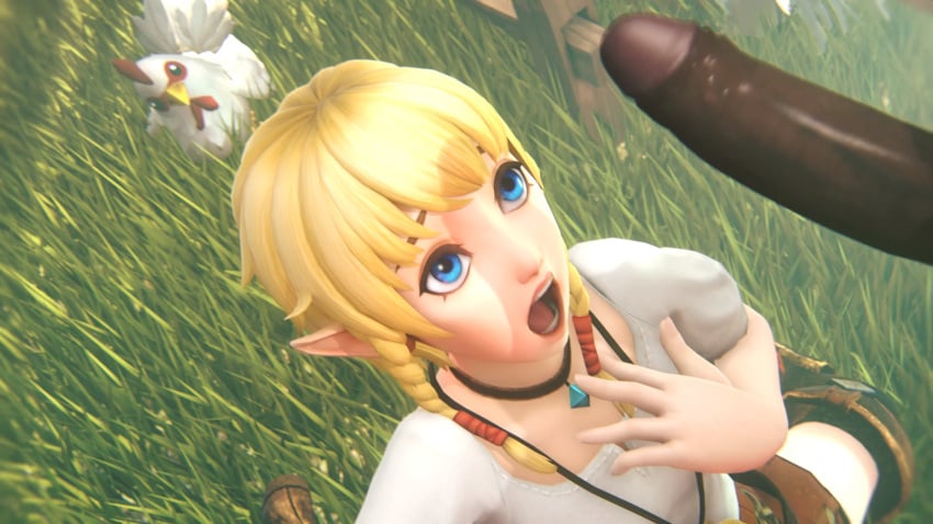 1boy 1girls 3d 3d_(artwork) big_penis blonde_hair blue_eyes braided_hair chicken clothing cucco cute dark-skinned_male female grass hyrule_warriors hyrule_warriors_definitive_edition hyrule_warriors_legends imminent_oral interracial kreamu linkle long_ears looking_at_penis mouth_open nintendo on_knees oral outdoors penis penis_awe penis_shadow pointy_ears surprised the_legend_of_zelda twin_braids