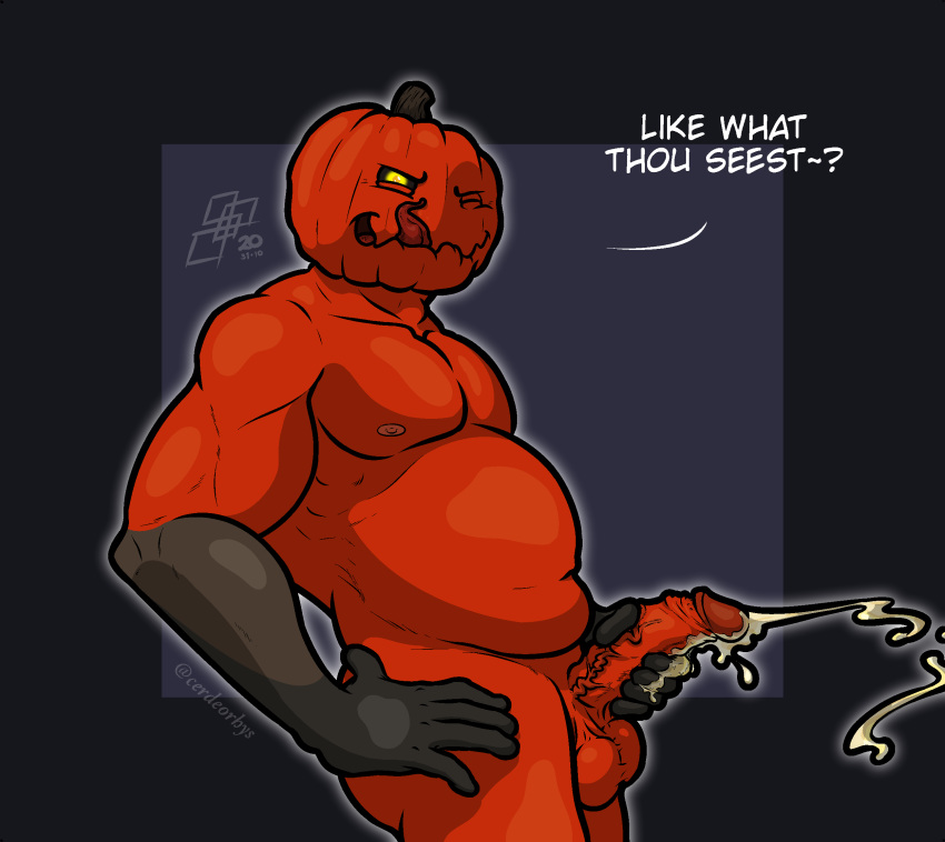 anthro bodily_fluids cerdeorhys cum food fruit genital_fluids genitals glowing glowing_eyes hi_res humanoid licking licking_lips male male_only masturbation muscular nipples orange_body penis plant presenting pumpkin pumpkin_head slightly_chubby solo tongue tongue_out yellow_eyes