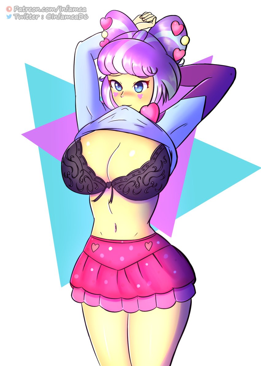 1girls big_breasts black_bra bra breasts cleavage equestria_girls female flashing friendship_is_magic hasbro heart hi_res highres infamea large_breasts miniskirt mouth_hold my_little_pony navel shirt_lift skirt solo solo_female superiorinfamea supernova_zap_(eg) thighs underwear