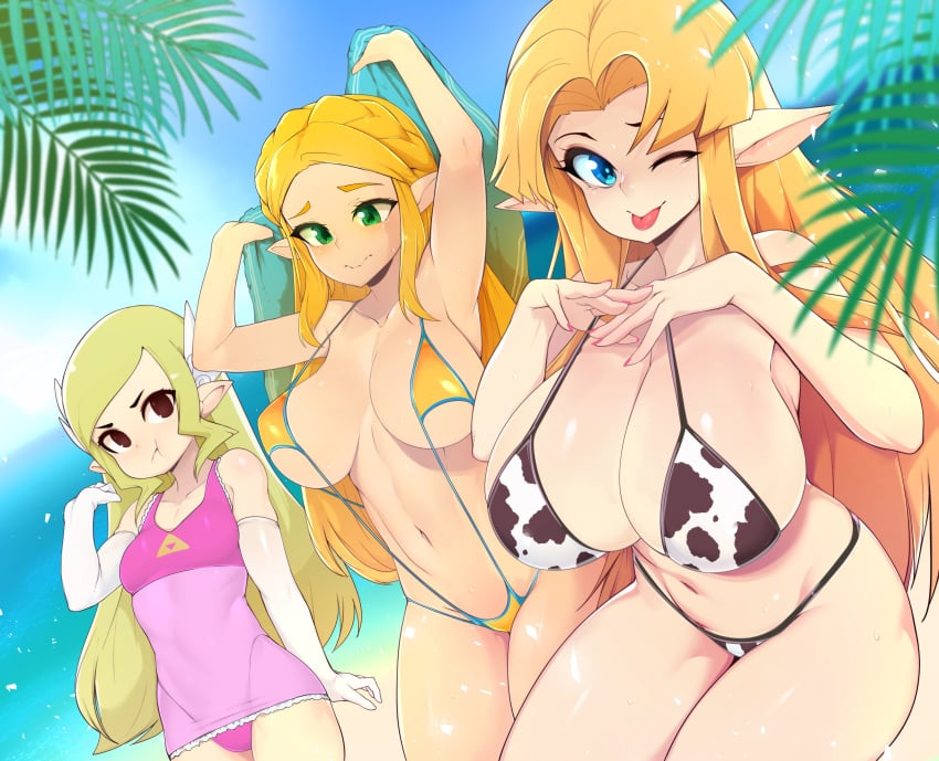 3girls a_link_between_worlds absurd_res age_difference alternate_breast_size big_breasts bikini blonde_hair blue_eyes blush breast_envy breast_size_difference breasts breath_of_the_wild brown_eyes cleavage cow_bikini cow_print demigoddess envy female female_only green_eyes hi_res huge_breasts jealous large_breasts looking_at_viewer moo_bitch multiple_girls nintendo one-piece_swimsuit one_eye_closed pointy_ears princess princess_zelda royalty showing_off sling_bikini slugbox square_crossover string_bikini swimsuit the_legend_of_zelda tongue_out toon_zelda triforce_bikini triforce_swimsuit wink zelda_(a_link_between_worlds) zelda_(breath_of_the_wild)