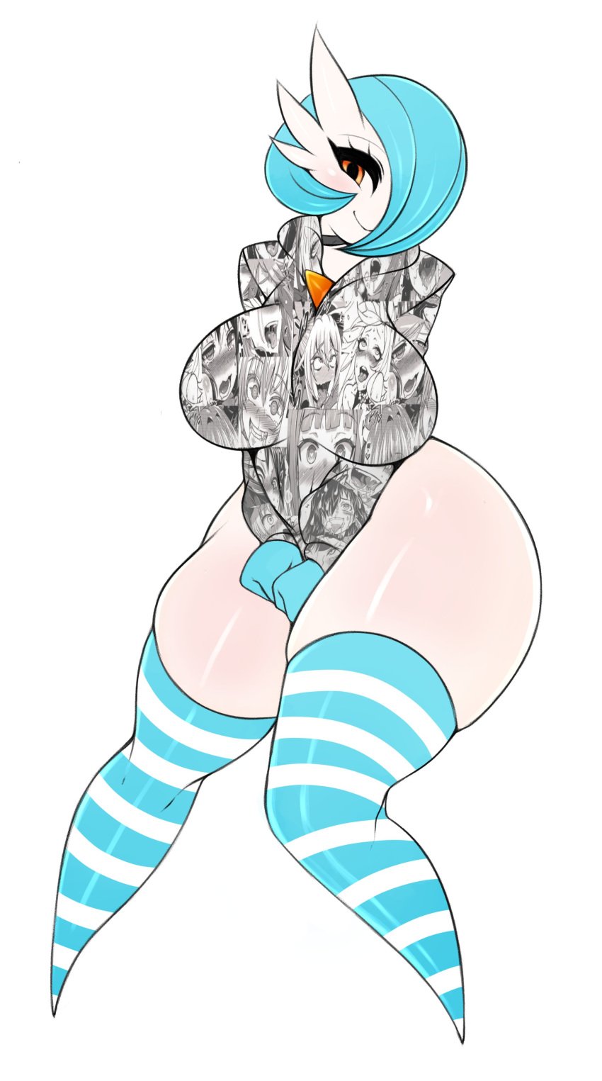 1girls ahe_gao ahe_gao_clothes ahe_gao_hoodie anthro big_breasts blue_hair curvy_figure female female_pokemon gardevoir hoodie huge_thighs large_breasts nintendo orange_body plump pokémon_(species) pokemon pokemon_(species) pokemon_rse saltyxodium sapphire_(jiggleton) shiny_pokemon stockings striped striped_legwear stripes sweater thick_thighs thighhighs thighs white_background white_skin