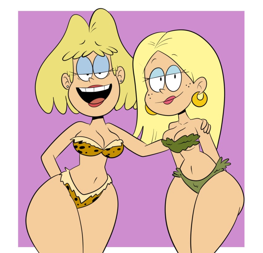 2girls accurate_art_style alternate_outfit amazonian ass becca_chang big_ass big_breasts bikini blonde blonde_hair breasts cavewoman commission earrings eyeshadow female_only freckles half-closed_eyes leaf_bikini lesbian lipstick looking_at_viewer milf narrow_shoulders nickelodeon open_mouth rita_loud scobionicle99 smile straight_hair the_casagrandes the_loud_house thick_thighs thighs thin_arms thin_waist wide_hips