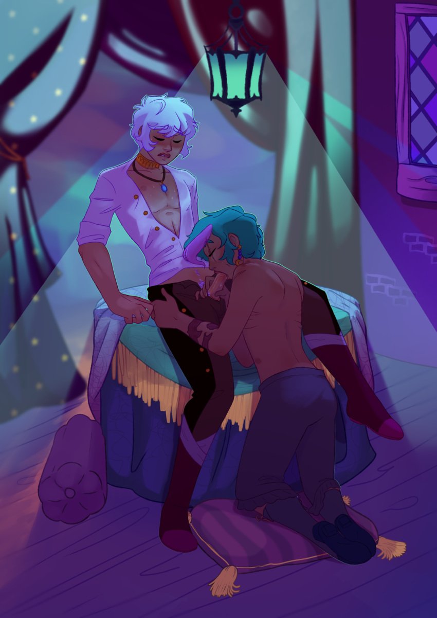 2boys asra_alnazar balls balls_under_clothes blue clothing_aside clothing_lift erection fellatio gay girly green green_hair male male_only moan on_knees oral oral_sex original_character penis penis_out pink_hair pubic_hair purple scars sissy sweat the_apprentice the_arcana the_arcana_game theartofflorance topless trap white white_hair yaoi