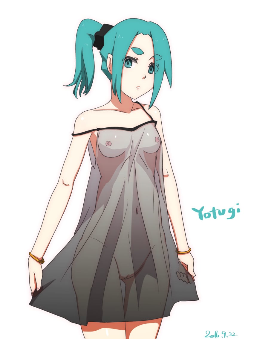 2016 bakemonogatari blue_hair bracelet breasts dress green_eyes green_hair konbari_tariumu medium_breasts monogatari_(series) ononoki_yotsugi pussy see-through see-through_dress serious side_ponytail thick_eyebrows thigh_gap uncensored white_background