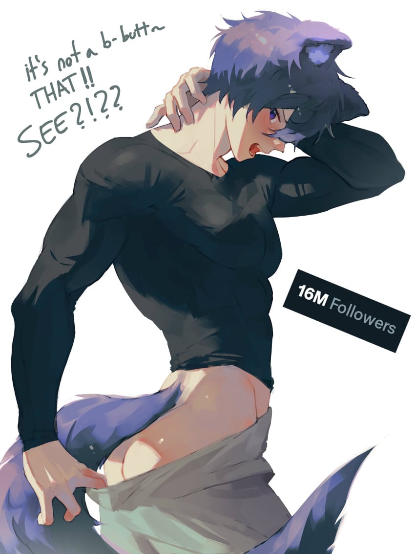 2d 2d_(artwork) ass blush blushing_at_viewer butt_crack cute_male dog_boy dog_tail doggy_style light-skinned_male light_skin long_sleeves looking_at_viewer male male_only muscular_male no_panties no_sex no_underwear no_visible_genitalia pulling_down_pants purple_hair shoto shoto_(vtuber) shxtou tail virtual_youtuber