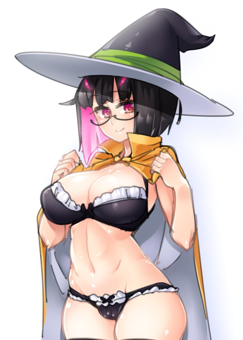 1girls 2018 bikini black_hair blush boobs cape costume female glasses large_breasts looking_at_viewer megane red_eyes red_hair rignetta's_adventure rignetta_(character) smile super_mican_(artist) two_tone_hair witch witch_hat