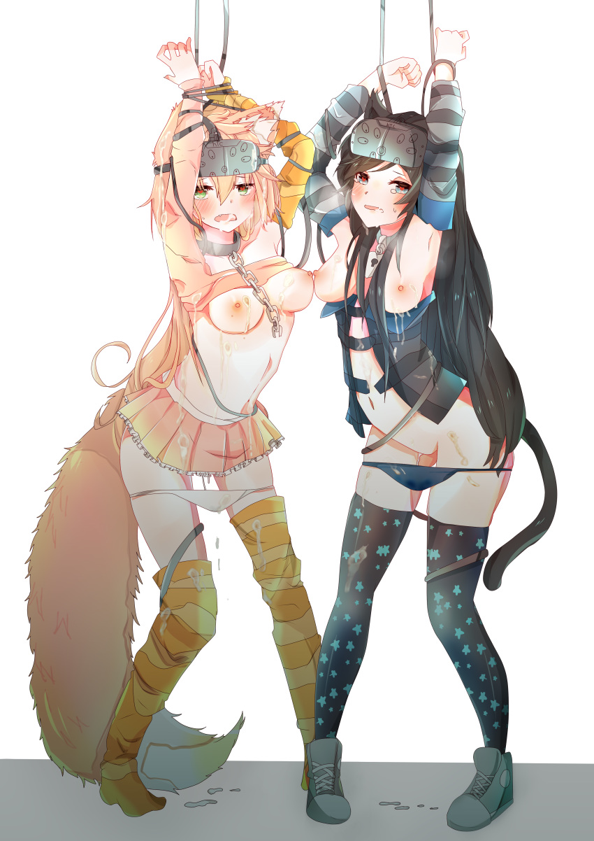 after_rape arms_above_head arms_up black_hair blue_eyes bondage cat_ears cat_tail catgirl chains collar crying cum_drip cum_in_hair cum_in_mouth cum_in_pussy cum_on_body cum_on_face fox_ears fox_girl fox_tail green_eyes heart-shaped_pupils kohrean nipples oathmeal panties_around_legs panties_down pink_hair shirt_up skirt small_breasts thick_thighs thighhighs tied_up vr_headset vrchat